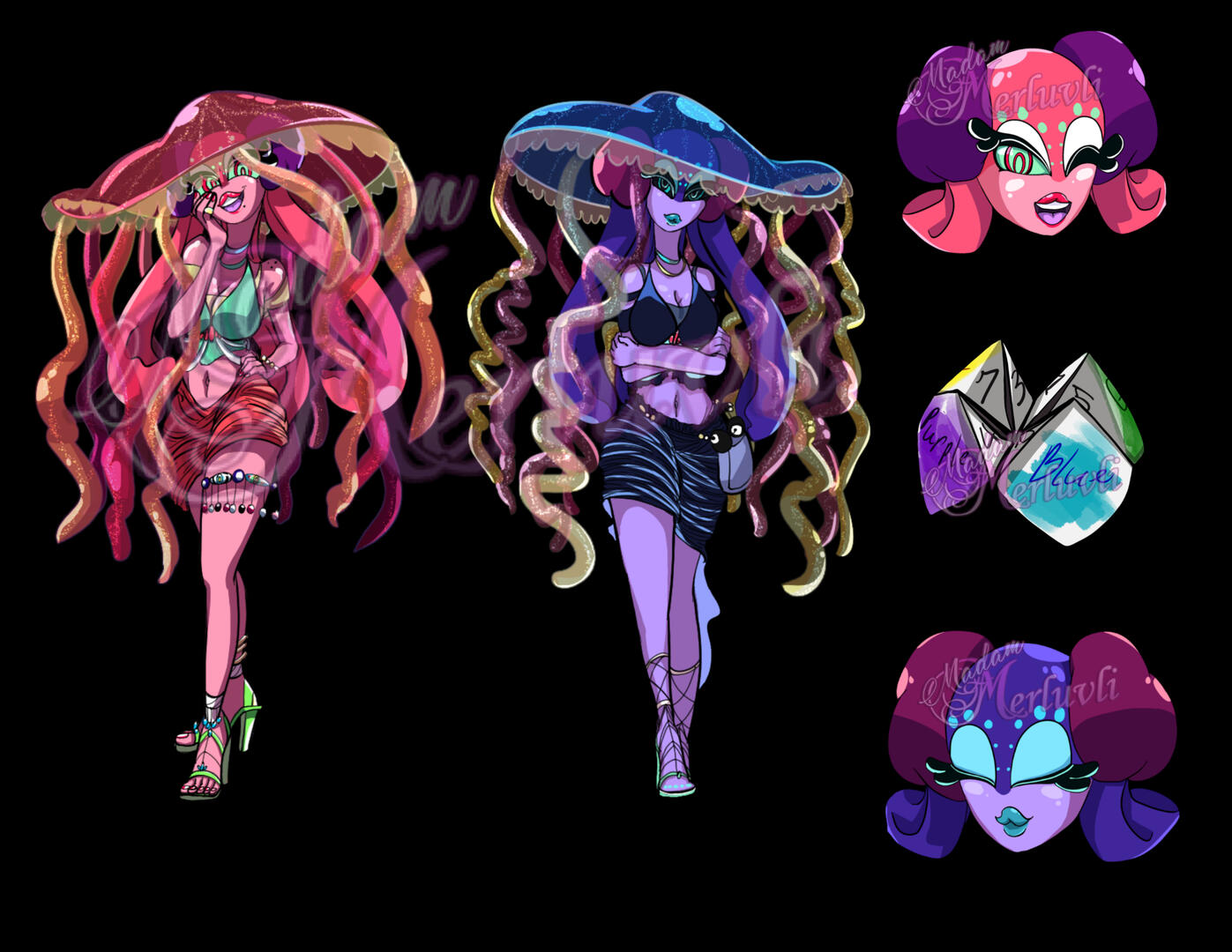 a base spread of Lani and Momi&#39;s in game sprites, their talk sprites, and their route item