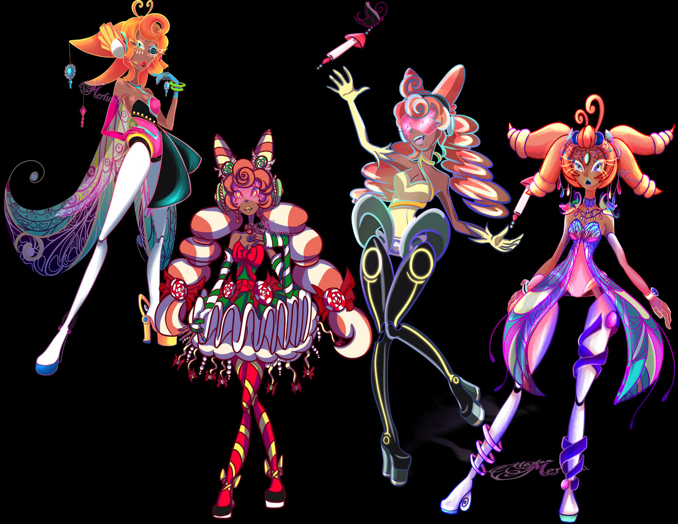 A desing spread of various outfits I've created for Mari.